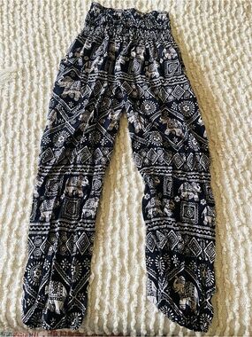 Thai Black and Cream Elephant Print Harem Pants